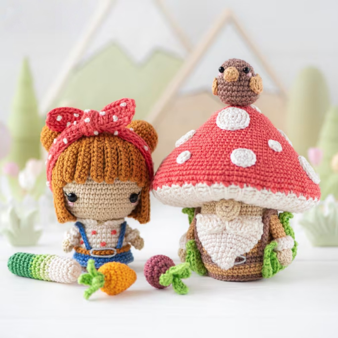 5-in-1 vegetable patch crochet pattern amigurumi by AradiyaToys mini kingdom mushroom gnome crochet tutorial DIY PDF file bunny garden girl