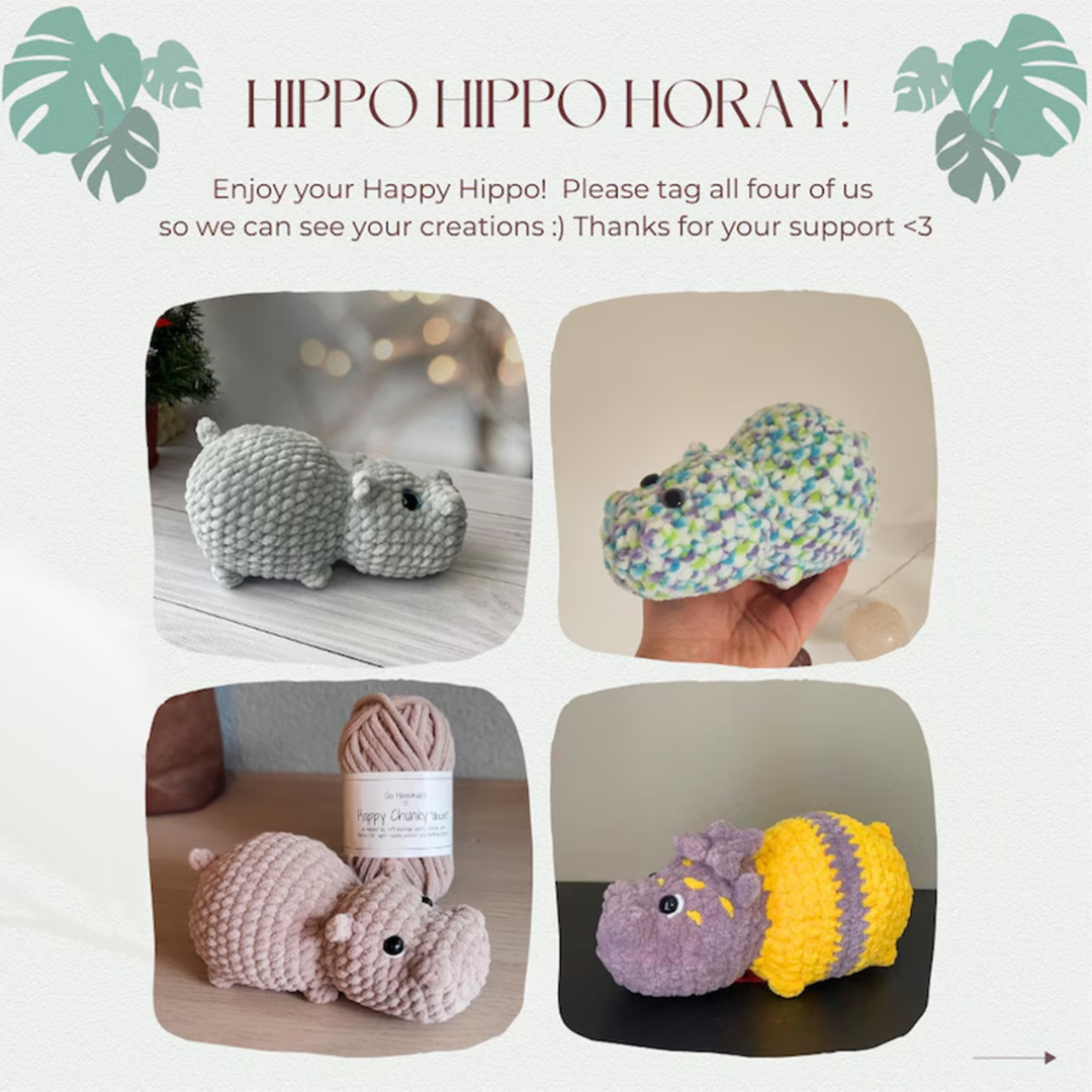 Happy the Hippo, NO-SEW crochet amigurumi PDF Pattern, adorable cute chonky hippo super quick and easy project for markets or gifts.