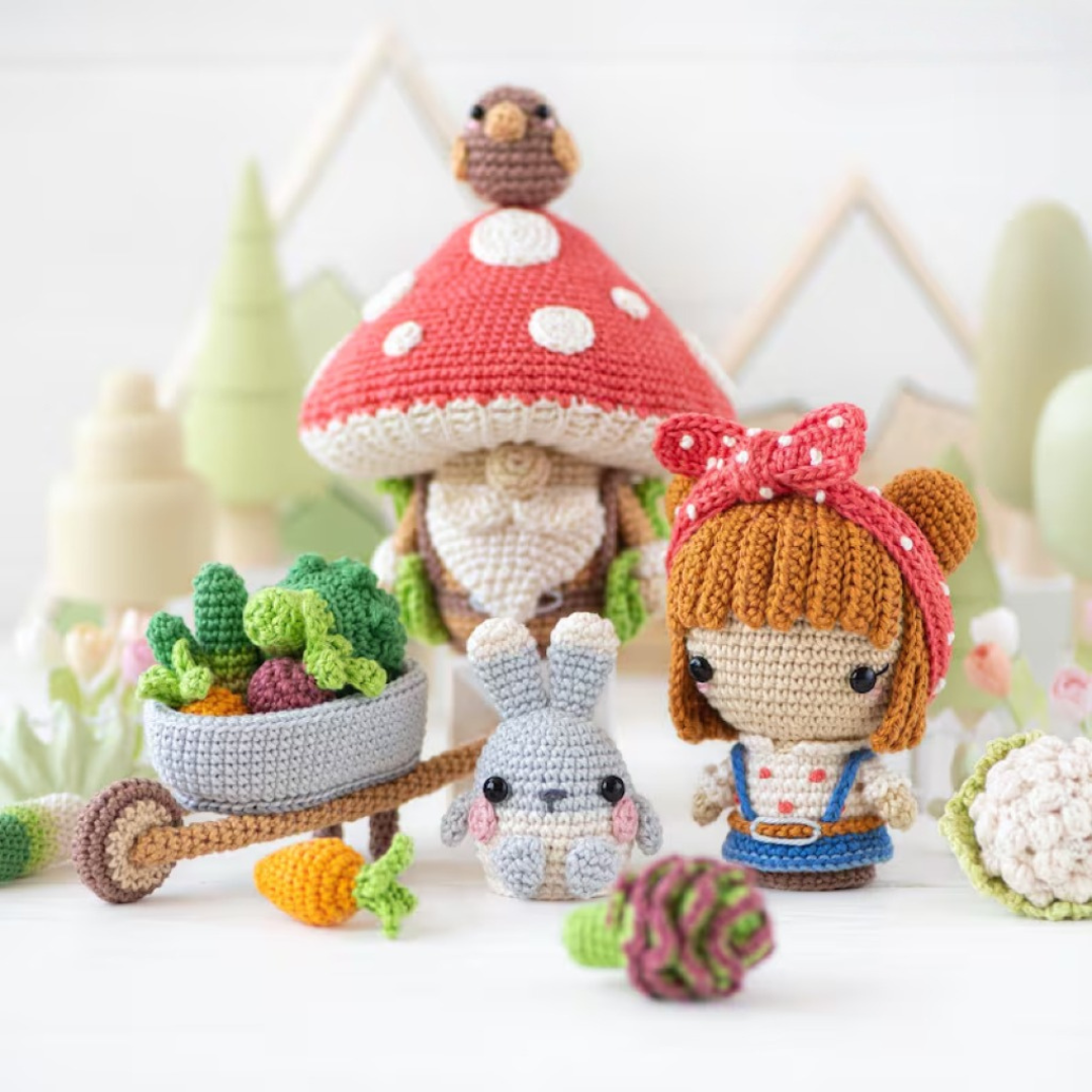 5-in-1 vegetable patch crochet pattern amigurumi by AradiyaToys mini kingdom mushroom gnome crochet tutorial DIY PDF file bunny garden girl