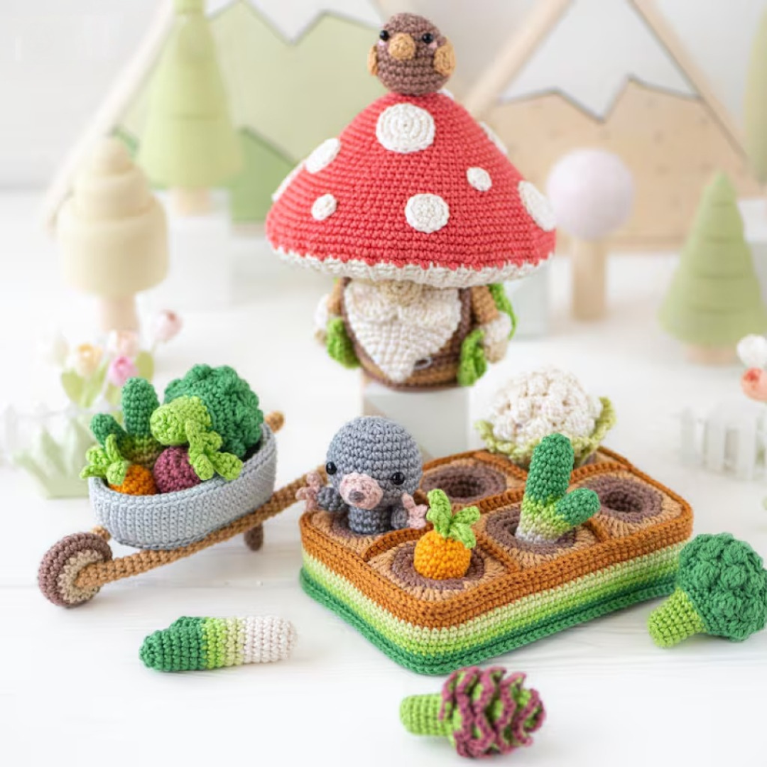 5-in-1 vegetable patch crochet pattern amigurumi by AradiyaToys mini kingdom mushroom gnome crochet tutorial DIY PDF file bunny garden girl