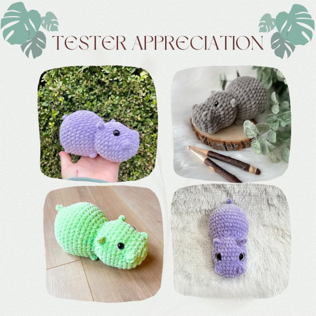 Happy the Hippo, NO-SEW crochet amigurumi PDF Pattern, adorable cute chonky hippo super quick and easy project for markets or gifts.