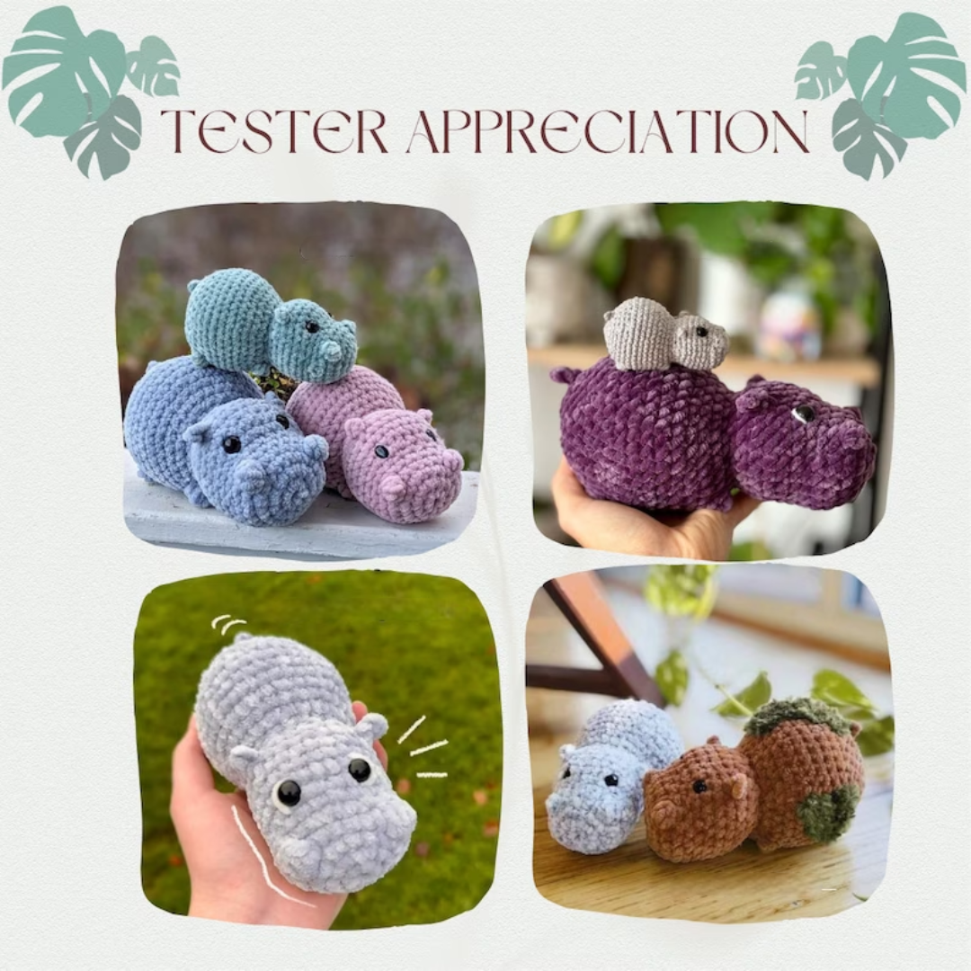 Happy the Hippo, NO-SEW crochet amigurumi PDF Pattern, adorable cute chonky hippo super quick and easy project for markets or gifts.