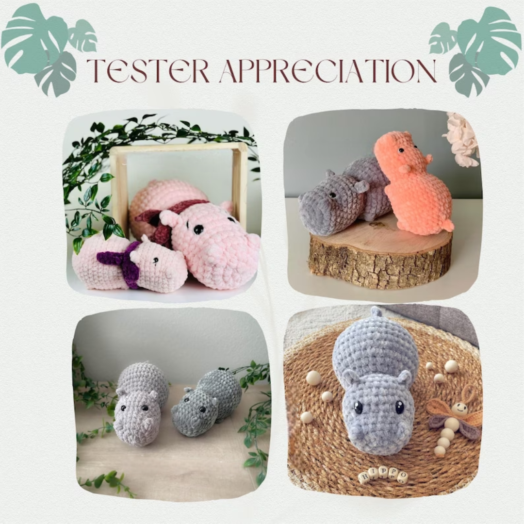 Happy the Hippo, NO-SEW crochet amigurumi PDF Pattern, adorable cute chonky hippo super quick and easy project for markets or gifts.