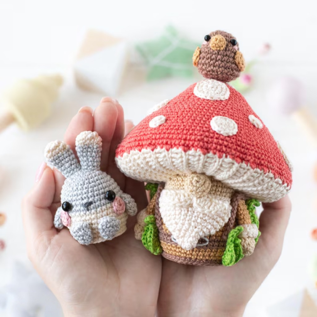 5-in-1 vegetable patch crochet pattern amigurumi by AradiyaToys mini kingdom mushroom gnome crochet tutorial DIY PDF file bunny garden girl
