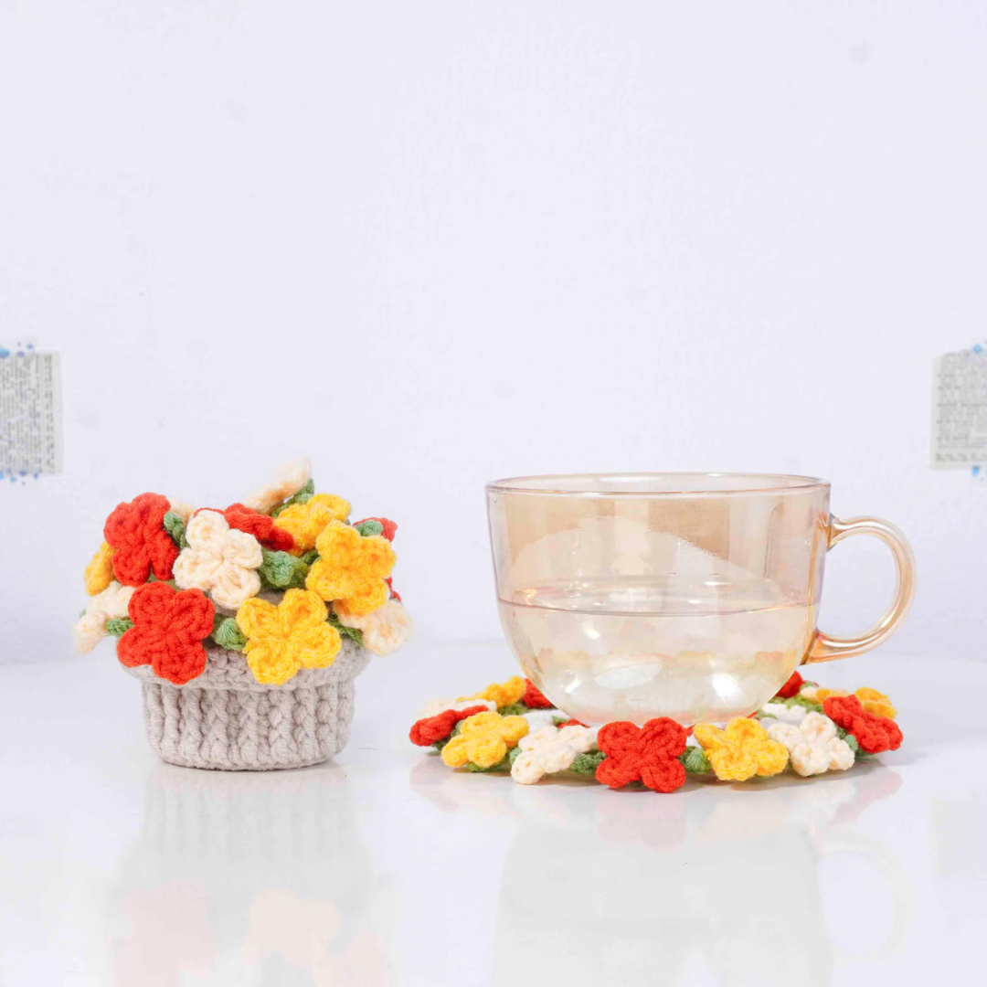 Bloomy Coaster Pot Crochet Patterns Bundle, Carnation Pattern, Daisy Pattern, Nemophila Pattern, Sunshine Flowers Pattern, Bellflowers Pattern