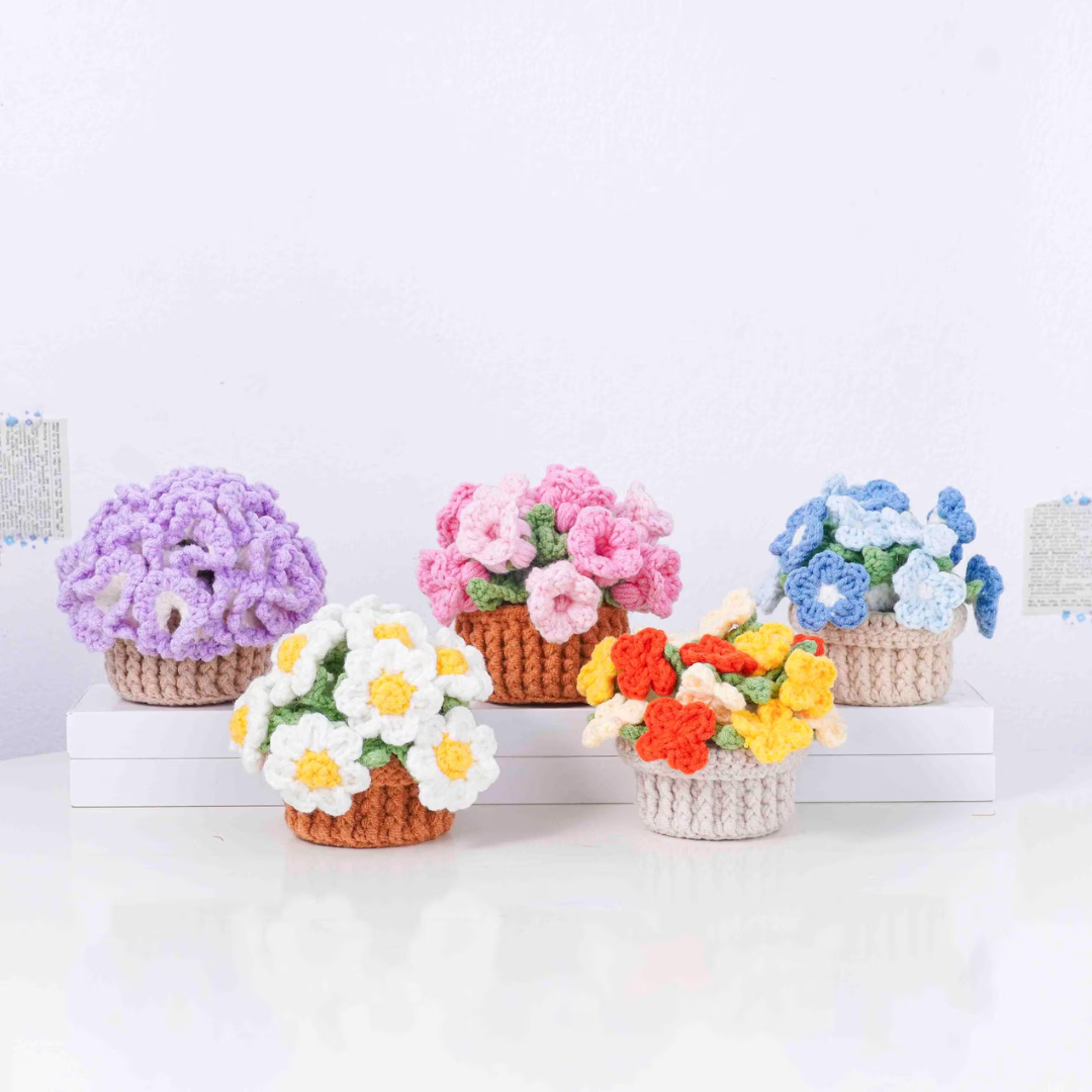 Bloomy Coaster Pot Crochet Patterns Bundle, Carnation Pattern, Daisy Pattern, Nemophila Pattern, Sunshine Flowers Pattern, Bellflowers Pattern