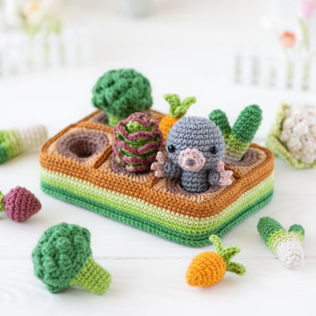5-in-1 vegetable patch crochet pattern amigurumi by AradiyaToys mini kingdom mushroom gnome crochet tutorial DIY PDF file bunny garden girl