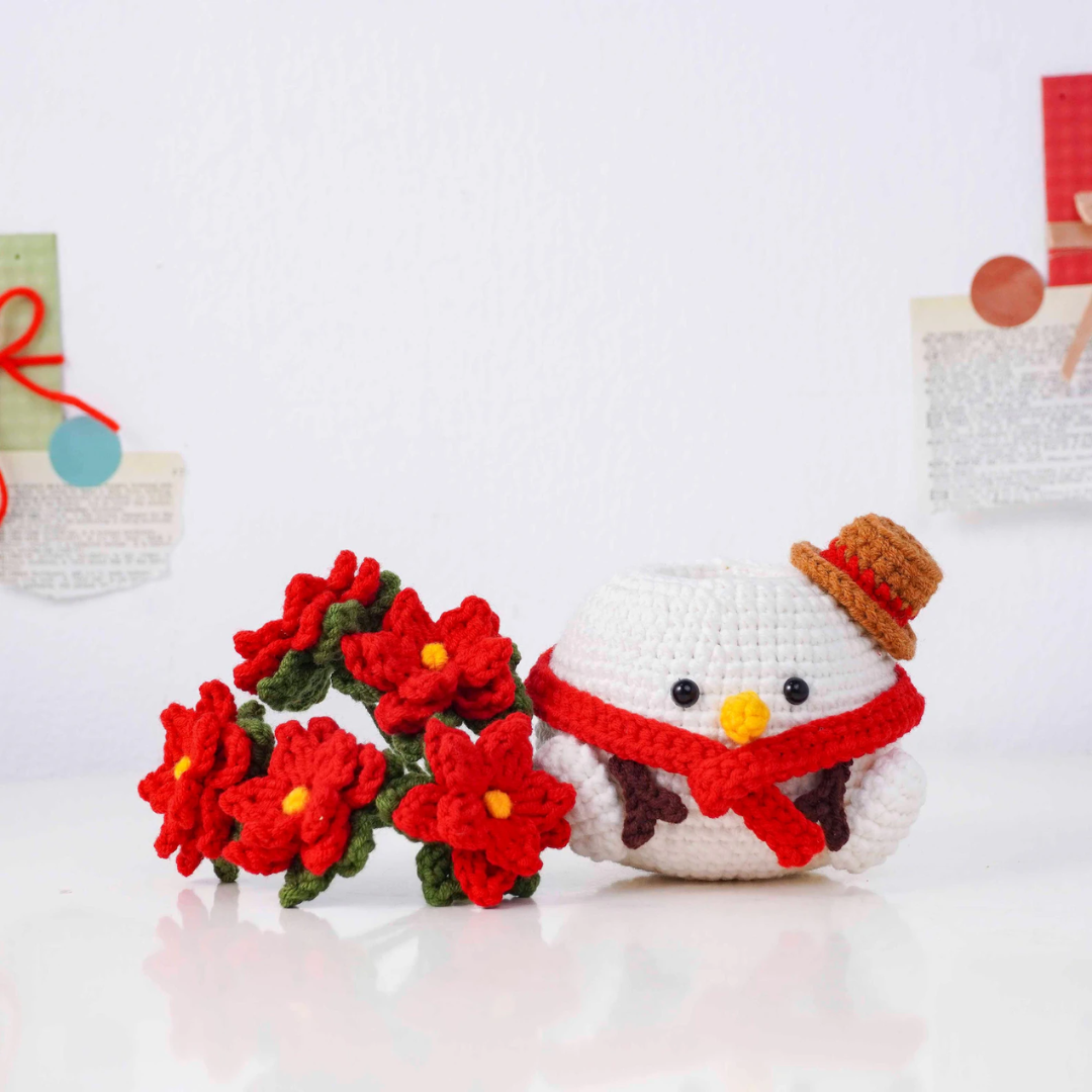Christmas Bloom Buddies Crochet Patterns Bundle, Poinsettia Snowman Pot Pattern, Holly Santa Pot Pattern, Snowdrop Bear Pot Pattern