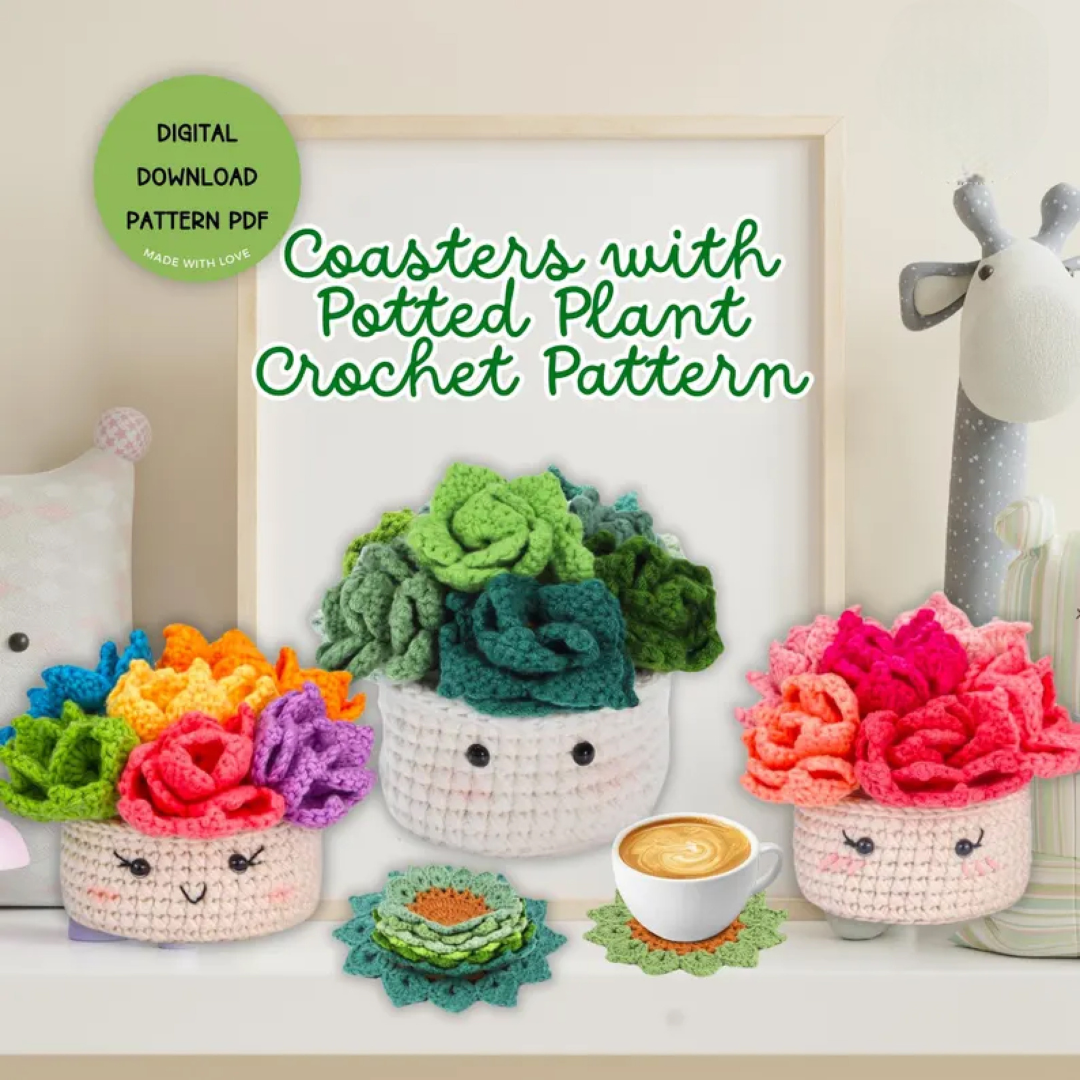 Crochet Pattern Bundle Flower Pot Coaster Set Succulent Plant Coasters Flower Surprise Crochet Flower Pot Plant Basket Pattern for DIY