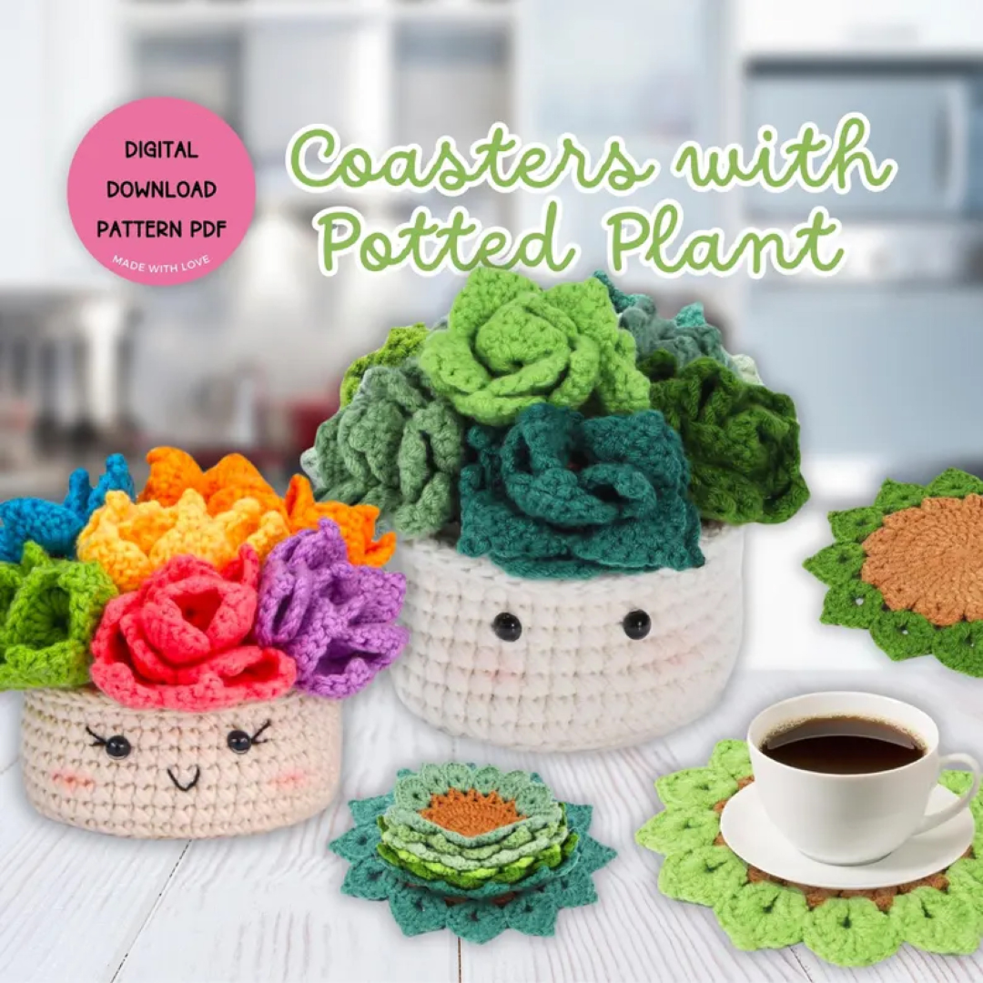 Crochet Pattern Bundle Flower Pot Coaster Set Succulent Plant Coasters Flower Surprise Crochet Flower Pot Plant Basket Pattern for DIY