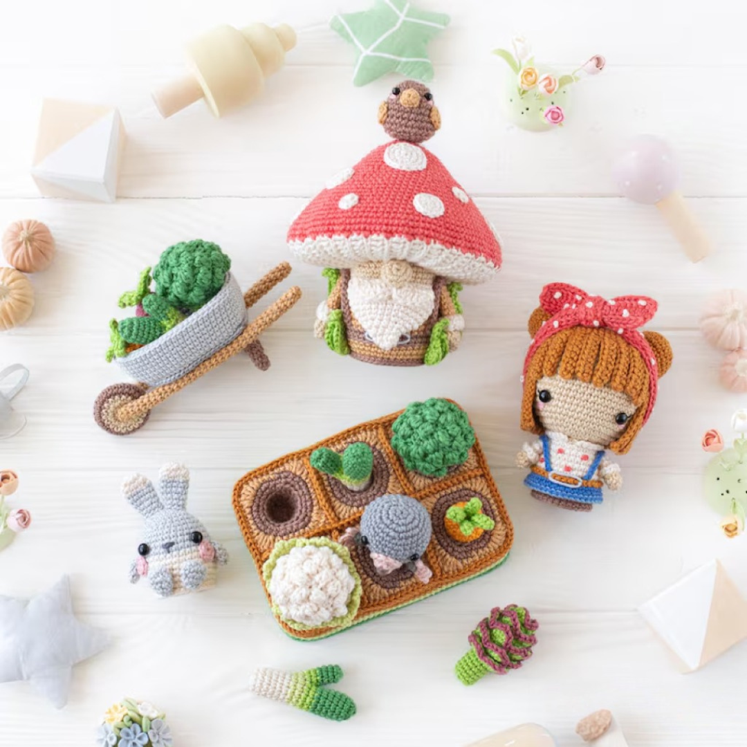 5-in-1 vegetable patch crochet pattern amigurumi by AradiyaToys mini kingdom mushroom gnome crochet tutorial DIY PDF file bunny garden girl