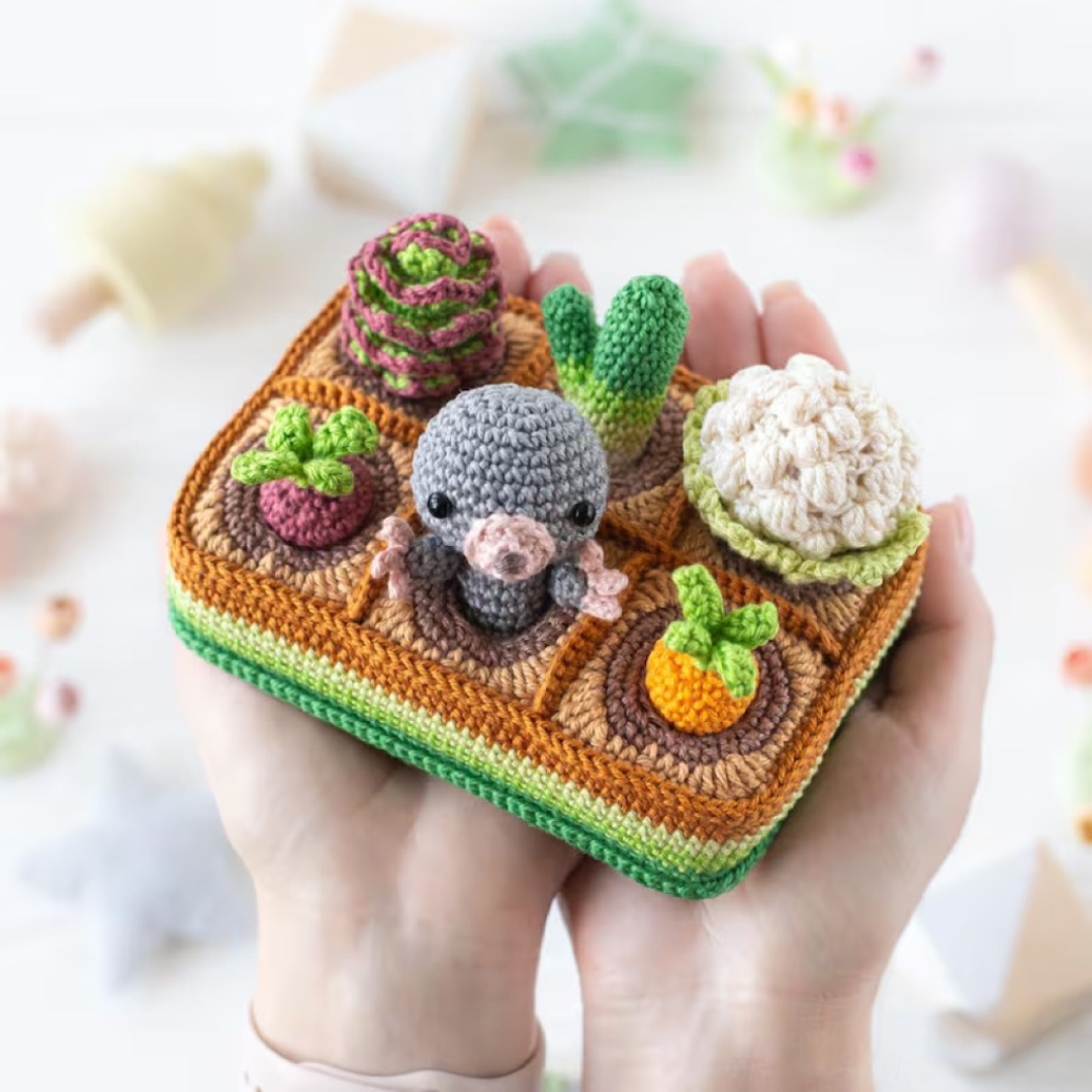 5-in-1 vegetable patch crochet pattern amigurumi by AradiyaToys mini kingdom mushroom gnome crochet tutorial DIY PDF file bunny garden girl