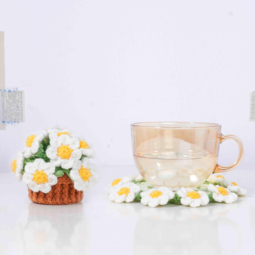 Bloomy Coaster Pot Crochet Patterns Bundle, Carnation Pattern, Daisy Pattern, Nemophila Pattern, Sunshine Flowers Pattern, Bellflowers Pattern