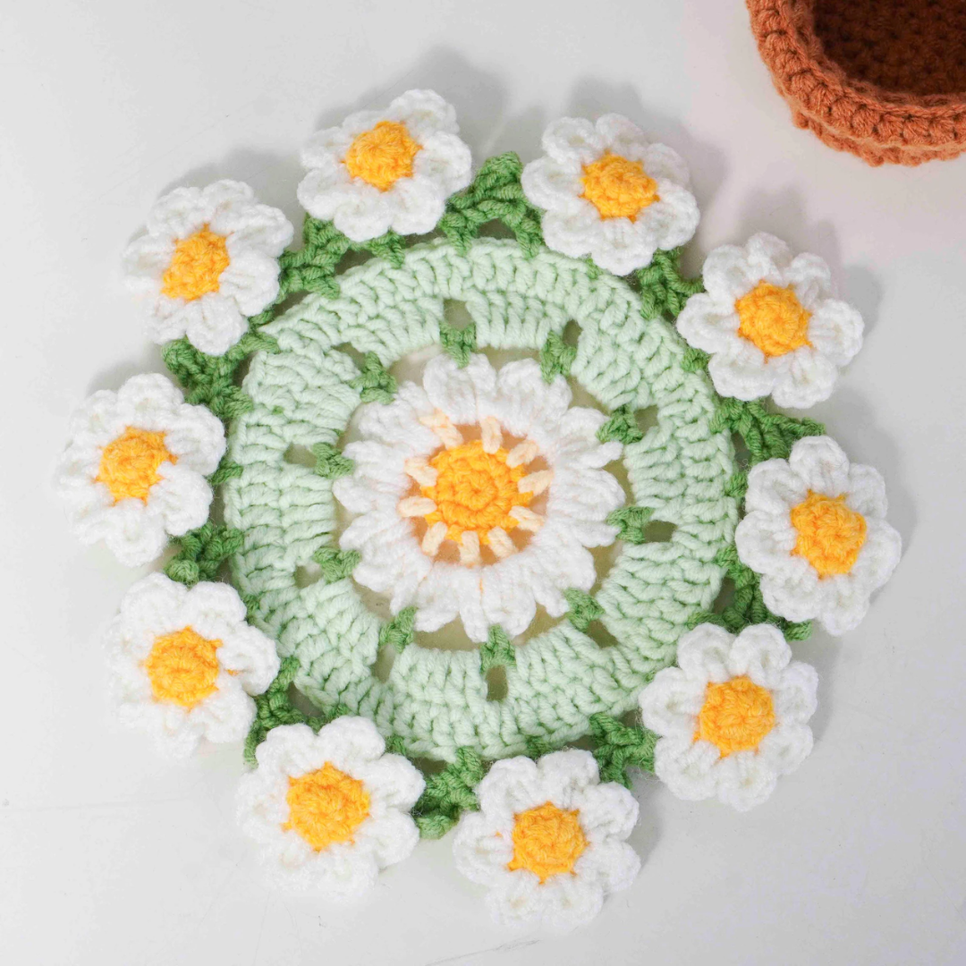 Bloomy Coaster Pot Crochet Patterns Bundle, Carnation Pattern, Daisy Pattern, Nemophila Pattern, Sunshine Flowers Pattern, Bellflowers Pattern